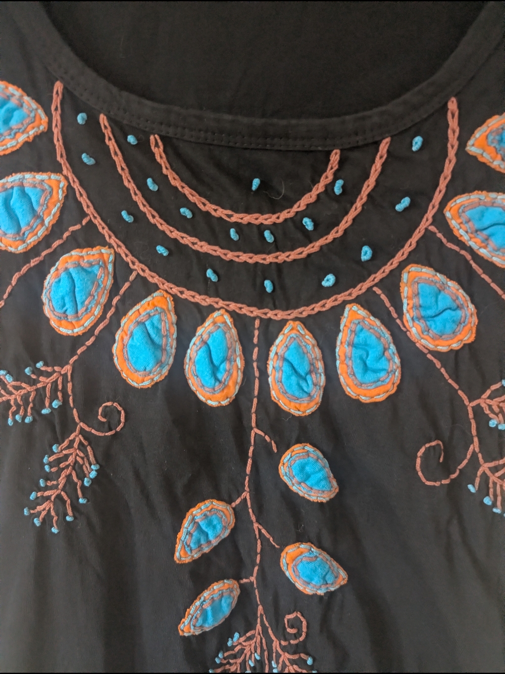 Black and Turquoise Embroidered Women's Scoop Neck Top S